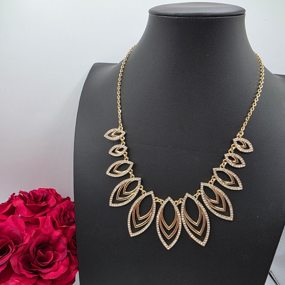 INC Gold Tone Crystal Pavé Graduated Marquise Statement Bib Necklace Leaf Dainty